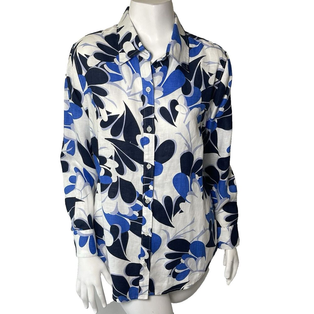 Elliott Lauren 100% Linen Floral Button Front Shirt Top 12 Coastal Summer Resort